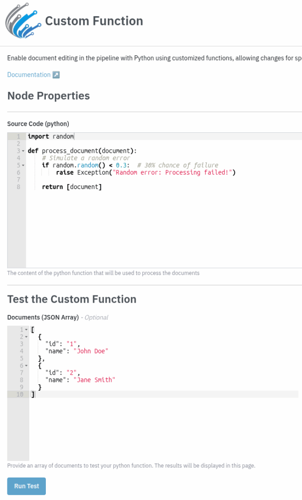 Screenshot of the Datastreamer Custom Function testing interface, with a Python function editor and JSON input area used to simulate document processing.