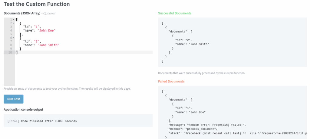 Screenshot of Datastreamer's Custom Function test results showing successful and failed documents, console output, and example JSON input.