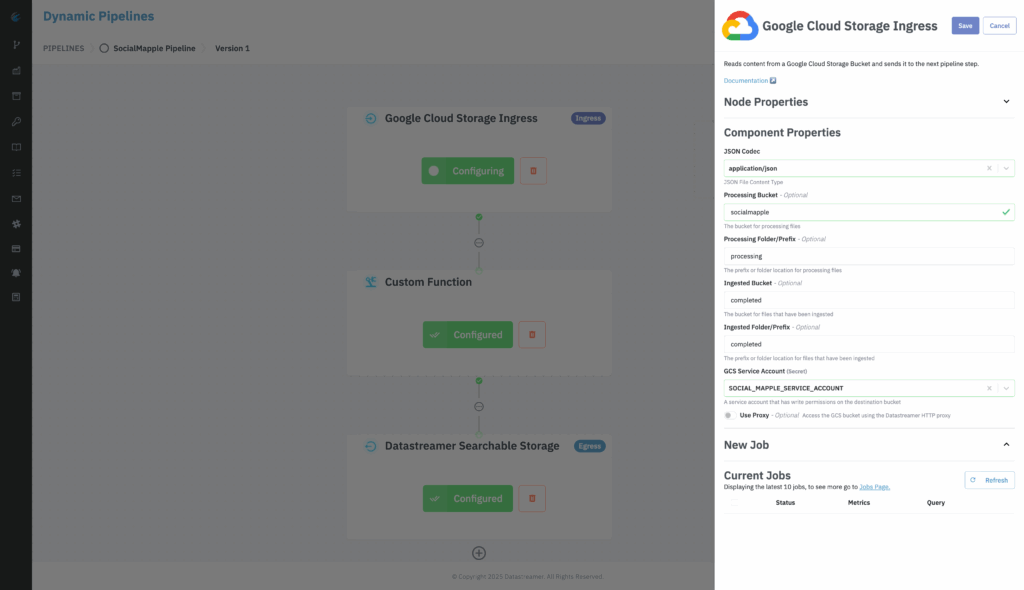 The Google Cloud Storage Ingress component in Datastreamer configured to read JSON files from the socialmapple bucket using a defined service account and folder structure.