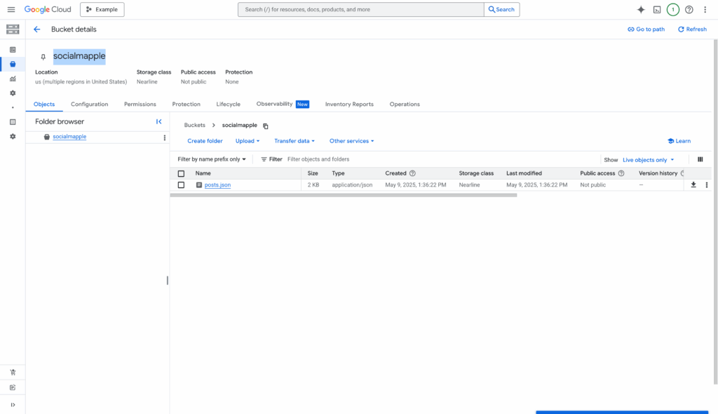 The Google Cloud Storage bucket containing the posts.json file, used as input for the Datastreamer pipeline.