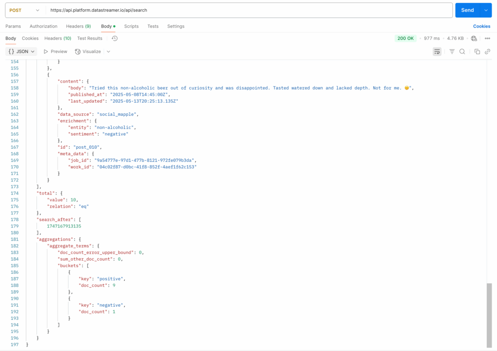 API response from the Datastreamer Search endpoint showing enriched content with sentiment and entity fields, along with aggregated sentiment counts.