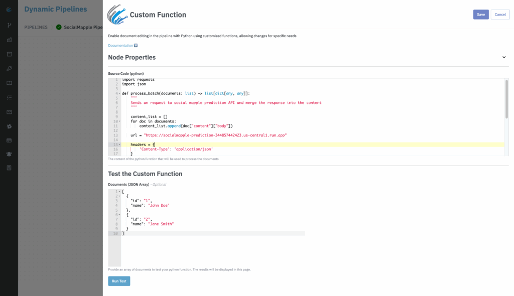 Screenshot of Datastreamer’s Custom Function configuration page showing a Python script used to call an AI prediction API and enrich document data.