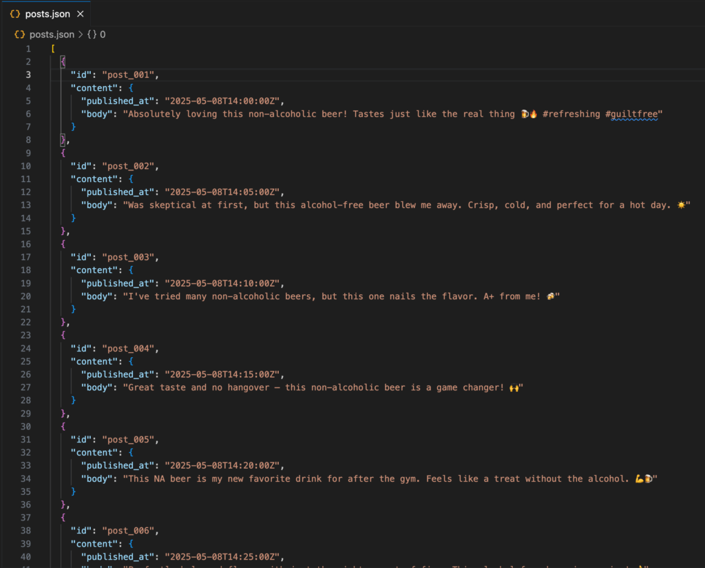 Sample dataset containing fictional social media comments about non-alcoholic beer, formatted as JSON and used to demonstrate pipeline ingestion and enrichment.