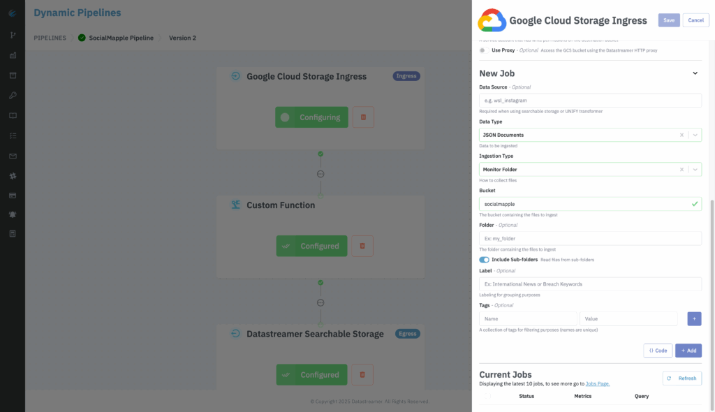 Datastreamer pipeline interface showing the Google Cloud Storage Ingress configuration for a new job using the “Monitor Folder” ingestion type with JSON documents.