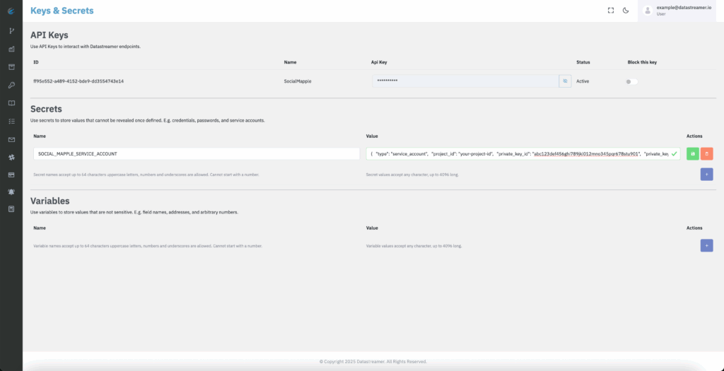 Screenshot of the Datastreamer Keys & Secrets page showing an active API key and a configured Google Cloud service account secret for pipeline access.