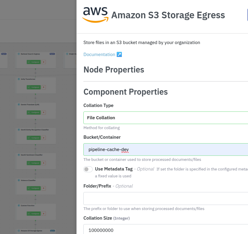 Screenshot of Datastreamer’s AWS S3 Storage Egress configuration panel, showing how external storage integrations connect to threat detection pipelines. The interface displays settings like collation type, bucket name, and metadata options, enabling processed data from Datastreamer’s pipeline—including classification, translation, and sentiment analysis—to be stored for downstream analytics or integration with external systems such as SIEM platforms, CRMs, or messaging tools like Slack and PagerDuty.