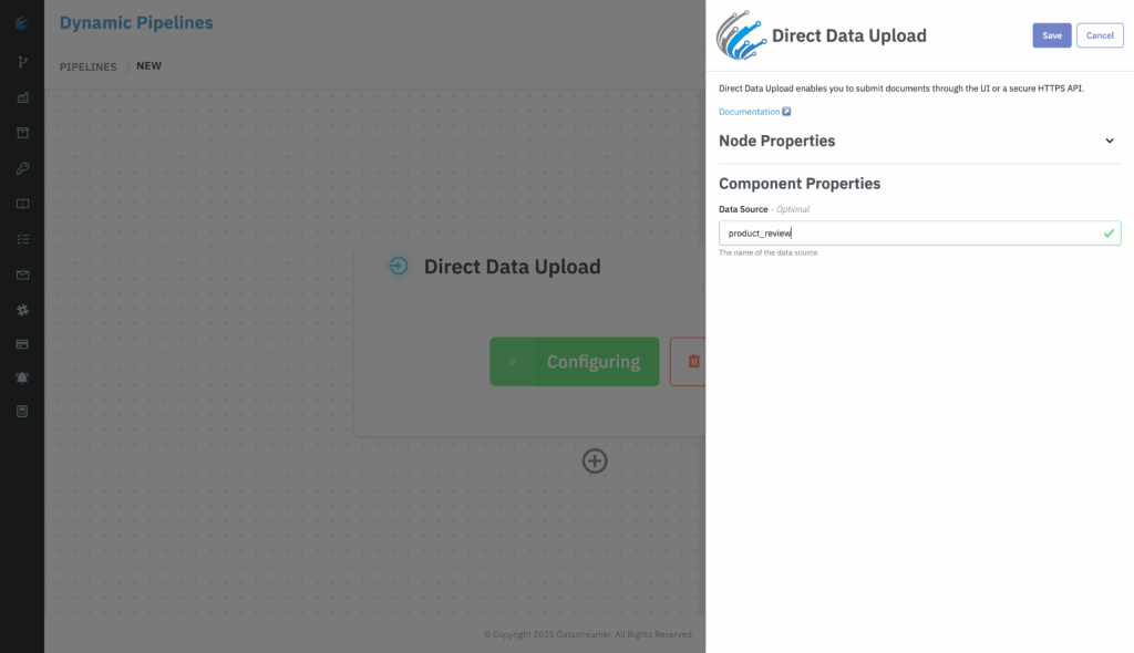 Direct Data Upload component in Datastreamer custom data pipelines interface, showing configuration of a data source named "product_review" for data ingestion.