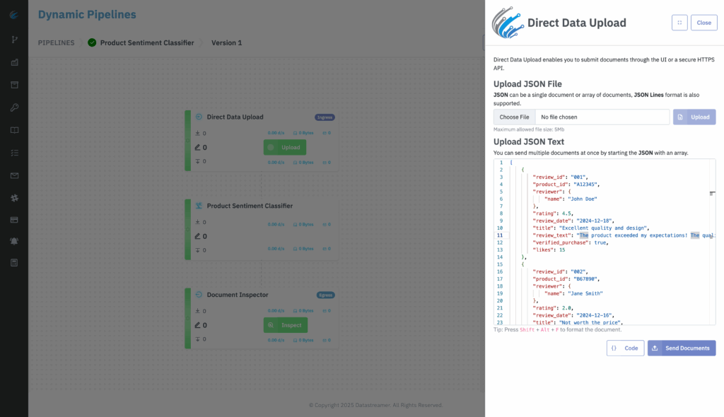 Datastreamer custom data pipeline interface displaying Direct Data Upload, Product Sentiment Classifier, and Document Inspector components, with JSON file upload panel visible for ingesting product review data.